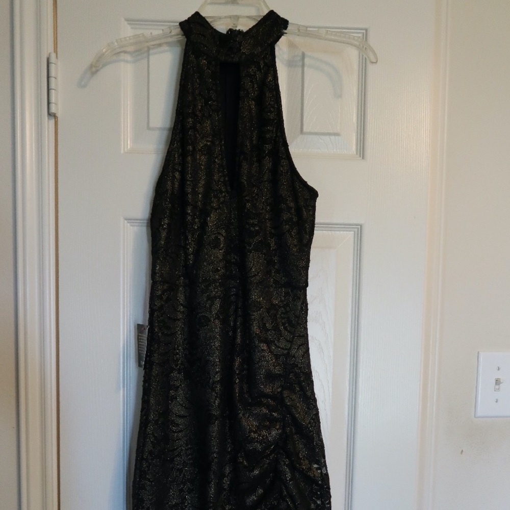 Bebe Metallic Lace Deep Plunge Dress